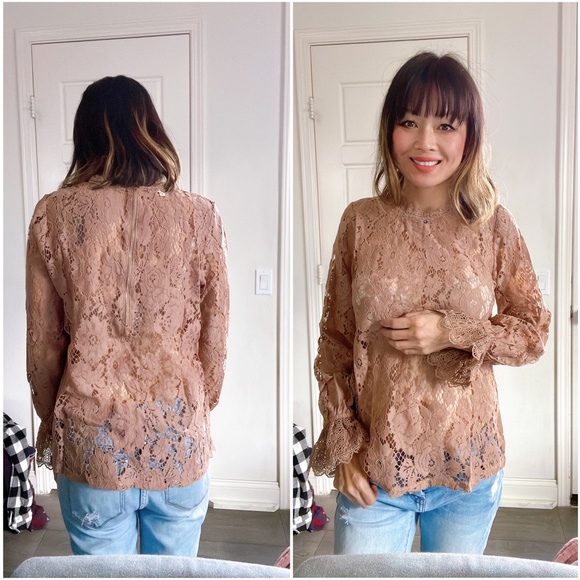 #44 Boho Floral Lace Sheer Flounce Sleeve Blouse - Picture 7 of 7